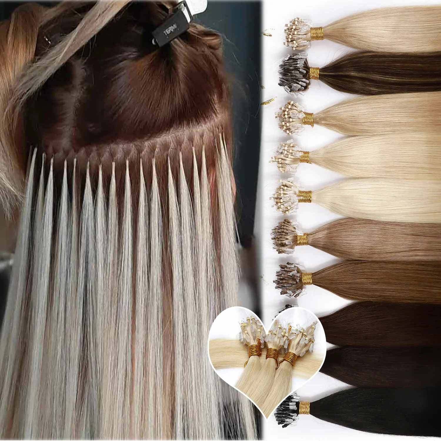 

100% Human Hair Micro Loop Ring Extensions Straight Weft Professional Pre-attached Rings With Silicone Rings Available In 1B-613