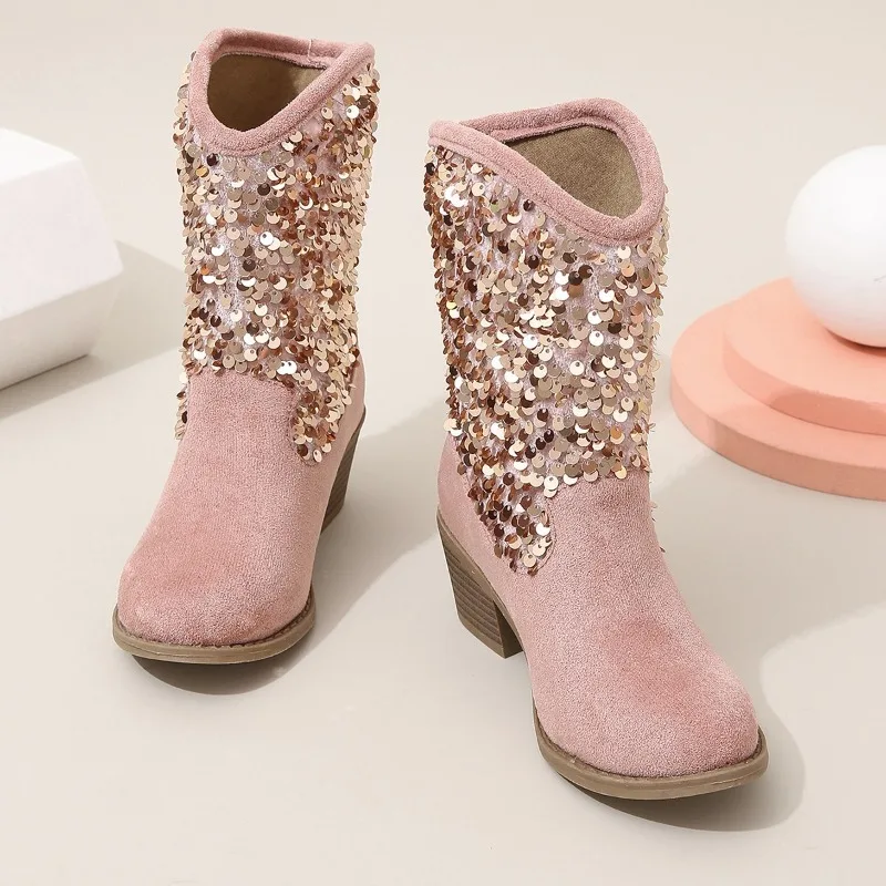 2023 New Kids Girls Boots Low Heels Sequined Elegant Princess Ankle Boots for Catwalk 29-35 Children Boots Non-slip PU Pink Chic