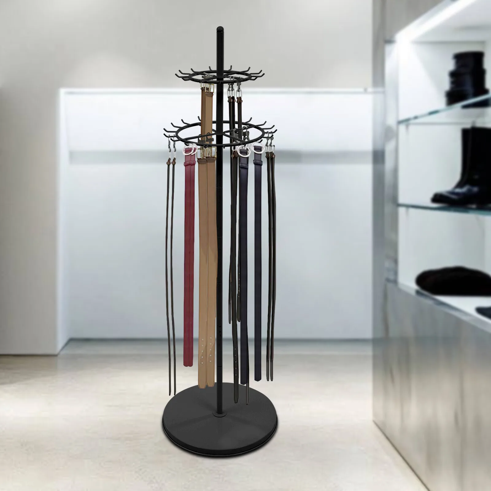 

2-tier 31 Hooks Adjustable Tie Rack Floor Stand Belt Hanger Display Shelf Black for Boutiques Clothing Stores Retail Stores