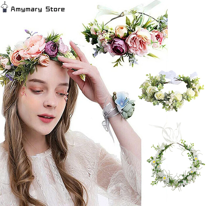 

Pink Flowers Crown Festival Headpiece Women Hair Accessories Headdress Girl Baby Crown Floral Garland Wedding Floral Headwear