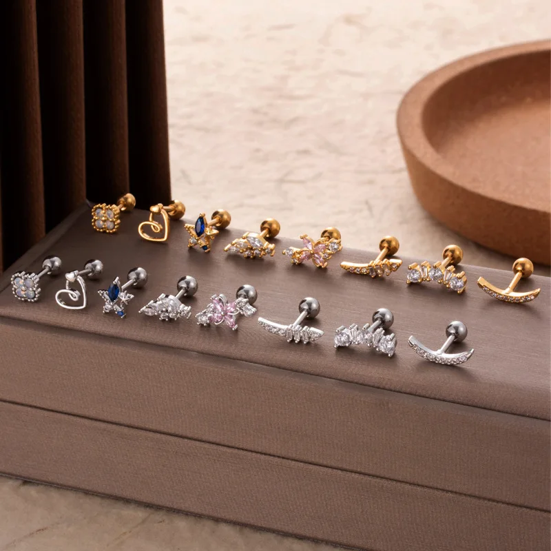 1PC Fashion Hollow Heart Flower Star Cartilage Earrings Ear Lobe Helix Back Stud Earrings For Girls Women Screw Piercing Jewelry