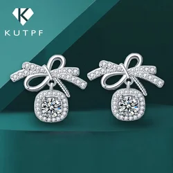 Ribbon Bowknot Tie Moissanite Stud Earrings 925 Sterling Silver 1CT Square Lab Diamond Fine Jewelry For Women Girl Birthday Gift