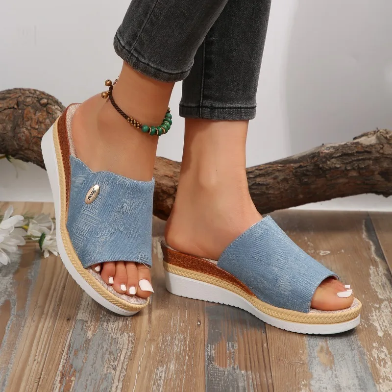 Women Slippers 2024 Summer New Fashion Elegant Cloth Shoes for Women Wedge Peep Toe Platform Slippers Ladies Zapatos De Mujer