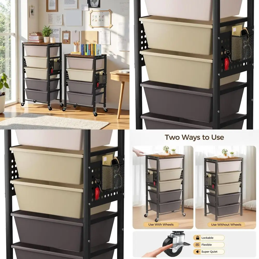 

Пластиковая тележка для хранения с 5 ящиками, деревянной столешницей и колесами, темно-коричневая, для организации дома, офиса и класса