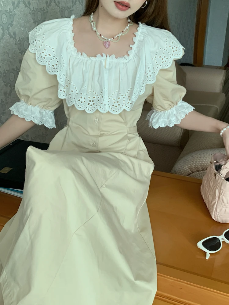 Korobov Summer Vintage Robe Courtly Style Square Collar Splicing Lace Dresses for Women Waist Slim Puff Sleeve Dress Vestidos