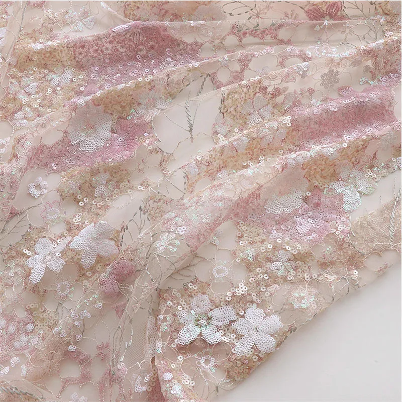 Pink Sequin Embroidery Mesh Embroidery Fabric Cheongsam Dress Fashion Fabric Designer Fabric