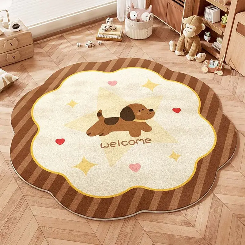 VIKAMA Cartoon Dachshund Dog Plaid Flower Circular Area Rug Short Pile Non Slip Soft Carpet Kids Room Nursery Bedroom Decor