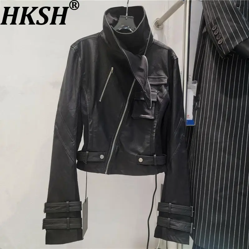 

HKSH Spring Autumn New Women's Jacket PU Leather Stand Collar Asymmetric Zipper Patchwork Knitted Slim Fit Punk Ins Coat HK15981