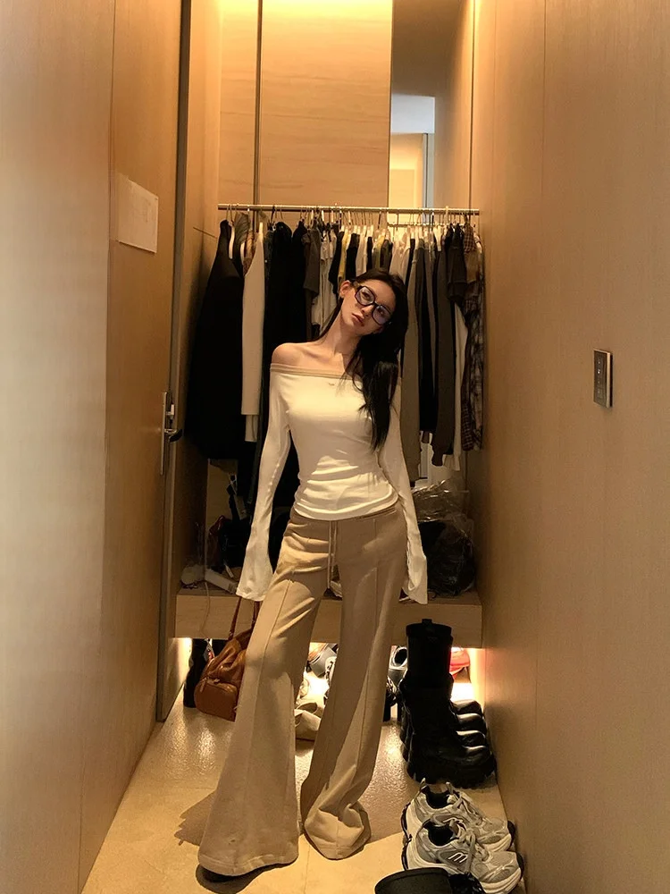 

oulder Bared Long Sve Women's T-irt with ket And Wide Leg Casual Pants Faionable Two Piece Set in Spring Autumn