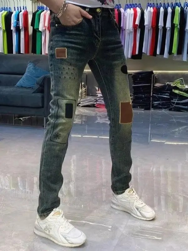 

Мужские джинсы в стиле ретро с вышивкой, зауженные, эластичные, повседневные, удлиненные, осенние, удобные, стрейч, с узким прямым низом