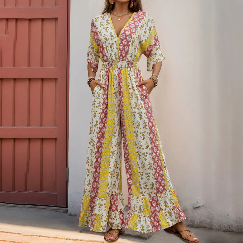 

New Retro Exotic Style Five Quarter Sleeve V-Neck Geometric Striped Floral Print Jumpsuit