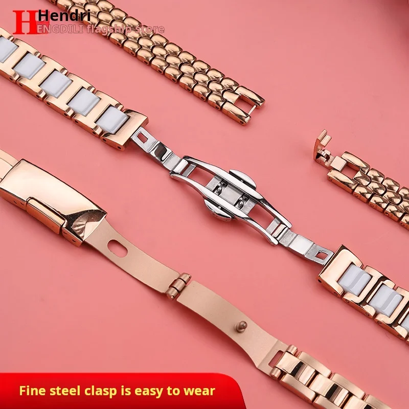 For any brand 6mm 8mm 10mm 12mm 14mm 16 Ladies Stainless Steel Watchband Solid Metal butterfly buckle Watch chain ceramic strap