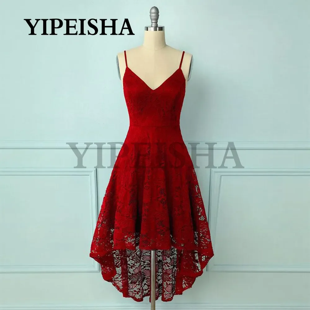 Simple V-Neck A-Line Prom Gown Spaghetti Strap High/Low Lace Burgundy Short Cocktail Party Dresses robe de soirée femme فساتين ا