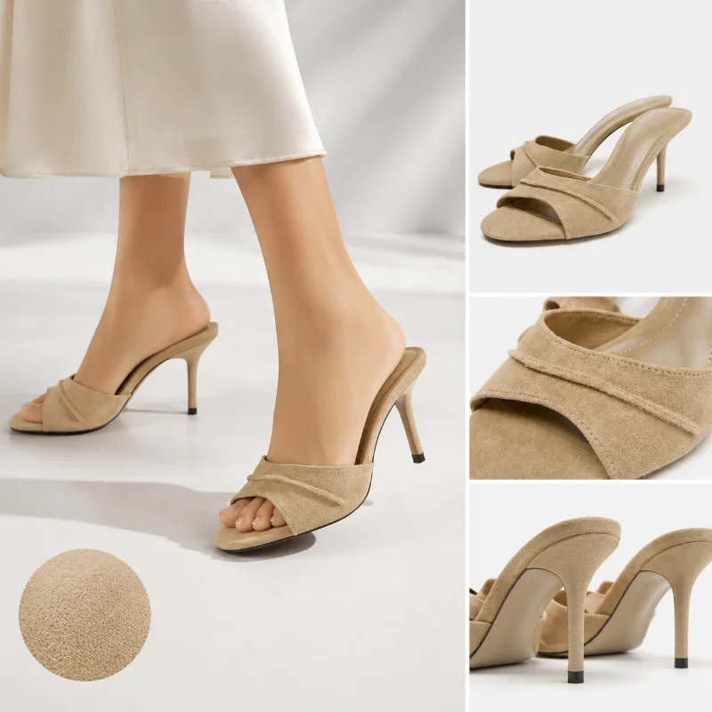 

New Minimalist Open Toe Muller Heels, Women's Fine High Heel Suede Velvet Leather Sandals, One Foot Slip On Fashion Summer Shoes