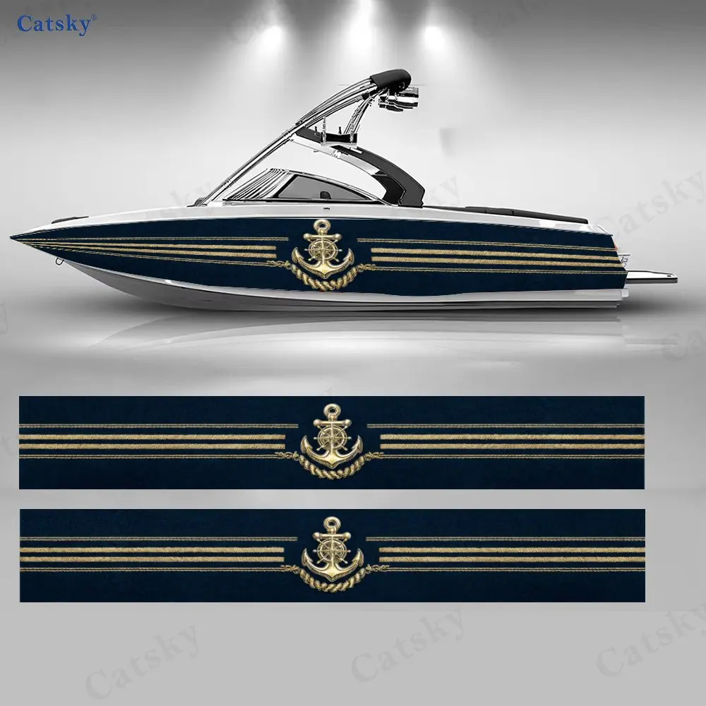 Navy Blue & Gold Anchor Boat Stickers, PVC Waterproof Durable Vinyl Wrap Decals for Fishing Boats, Durable and Stylish Design