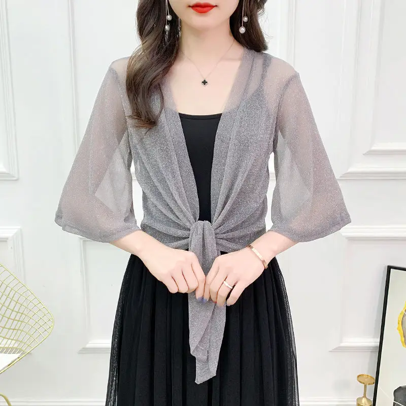 Women's Monochromatic Mesh Shawl Summer Fashion Simplicity All-match Casual Temperament Ice Shreds Sunscreen Top Clothes Trend