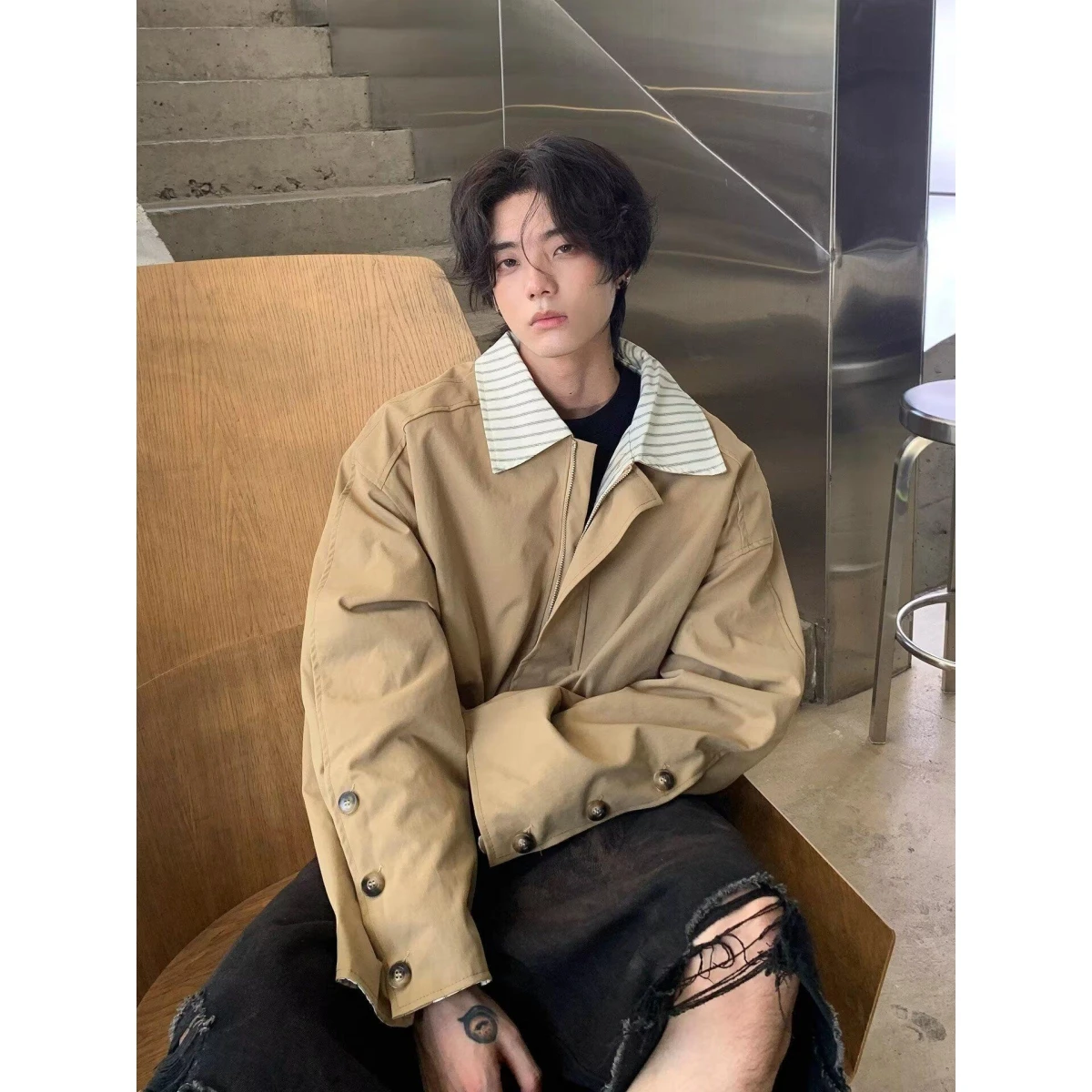 

Retro Plaid Collar Men's Casual Loose Motorcycle Jaet Outerwear Autumn New Sle American Trendy Brand ex Polyester Fiber