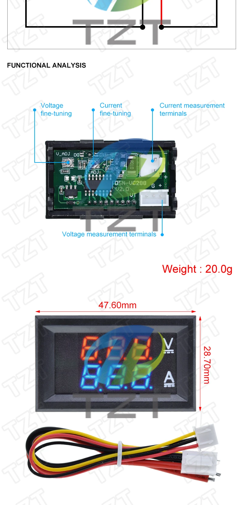 DC 0-100V 10A Digitales Voltmeter Amperemeter Doppel-Display Spannungsdetektor Strommessgerät Panel Ampere-Volt-Messgerät 0,28" Rot Blau LED – Detail 2