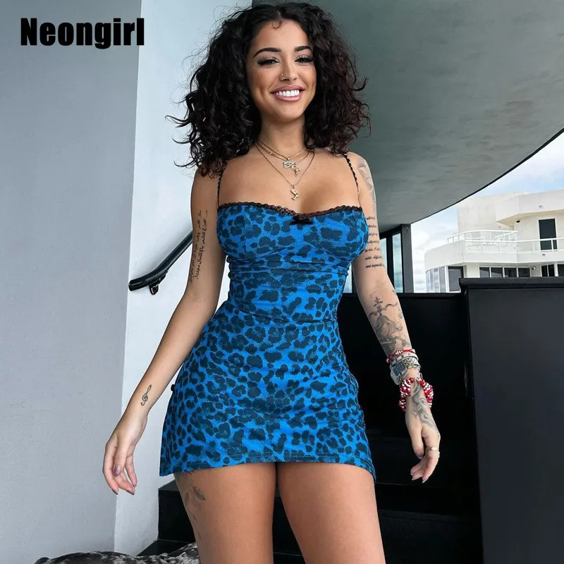 OrangeG Leopard Sexy Mini Dress Women Spaghetti Strap Slit Sheath Sleeveless Low Cut Animal Print Wrap Backless Outfits 2024