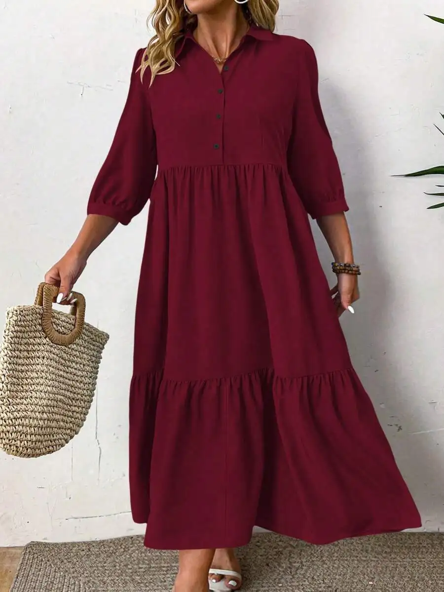 

Burgundy Solid Button Front Ruched Casual Shirt Dress Women Mid Length