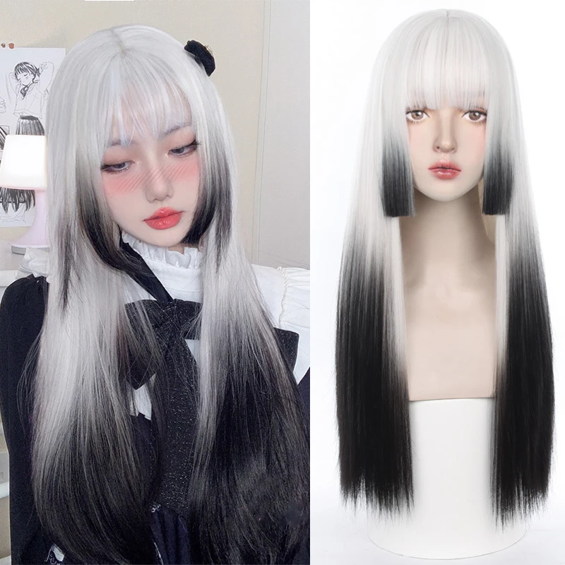 LANLAN White Ombre Black Lolita Wig Long Straight Hair Wig with Air Bangs Synthetic Wig for Women JK Natural Heat-resistant Wig