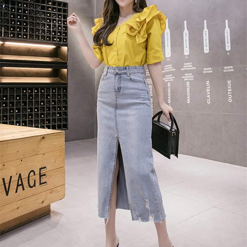 

Spring Autumn Women Casual Hole Sexy Straight Front Split Midi Skirts High Waist Ripped Female Elegant Elastic Long Denim Skirt