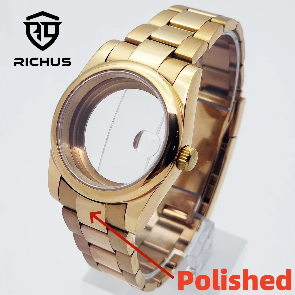 

Корпус из розового золота RICHUS 36/39 мм и полированный ремешок подходит для NH34 NH35 NH36 Miyota8215-DG ETA2824 PT5000, аксессуары для часов с механизмом