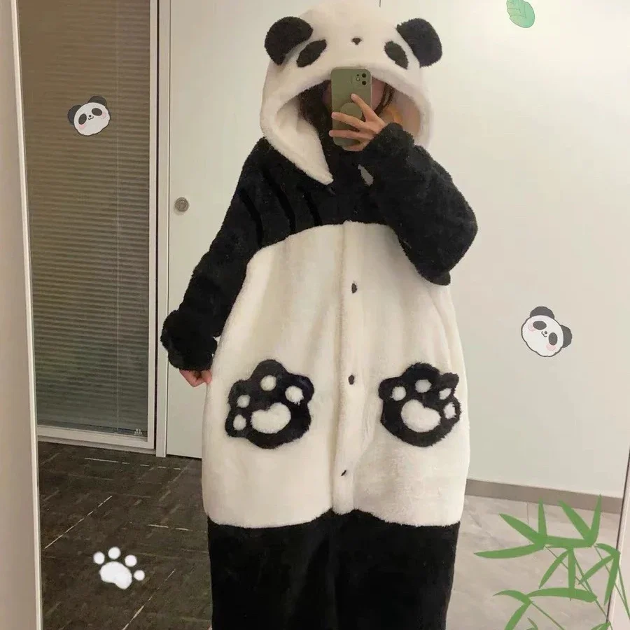 Panda Cute Hooded Women Bathrobe Autumn Winter Robes Animal Nightgown Halloween Cartoon Pajamas Robe Pants Fleece Girls Homewear