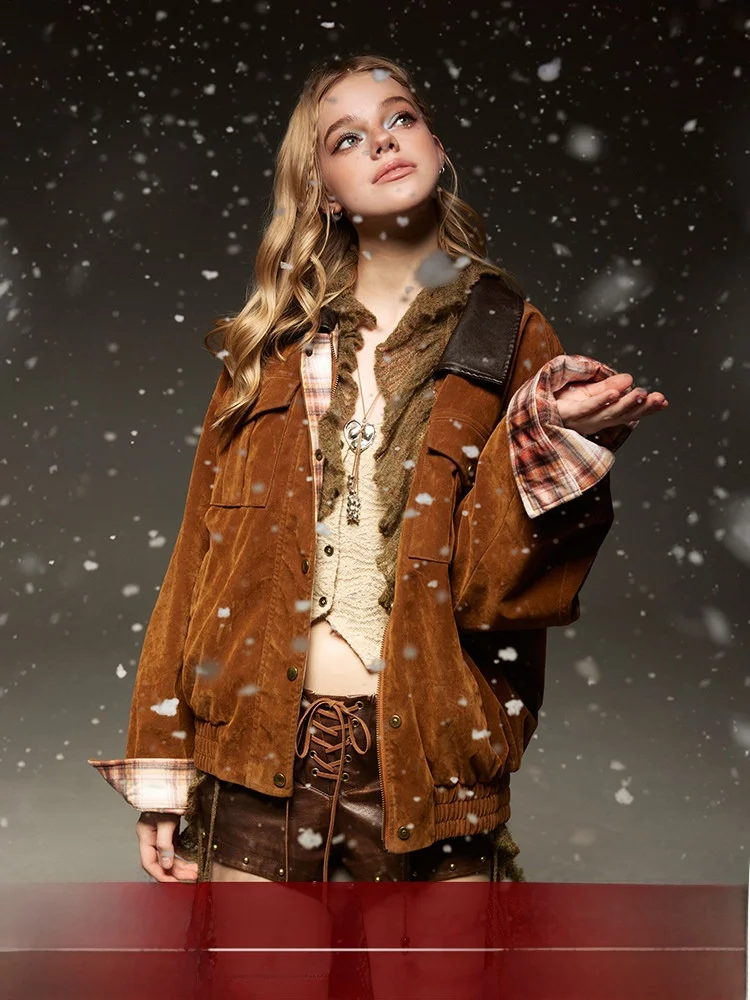 

BeerBro Vintage Plaid Suede Double-Sided Wear Warm Coat Anti-Ball Street Sle Loose Fit Polyester Fiber 2025 Spring Collection