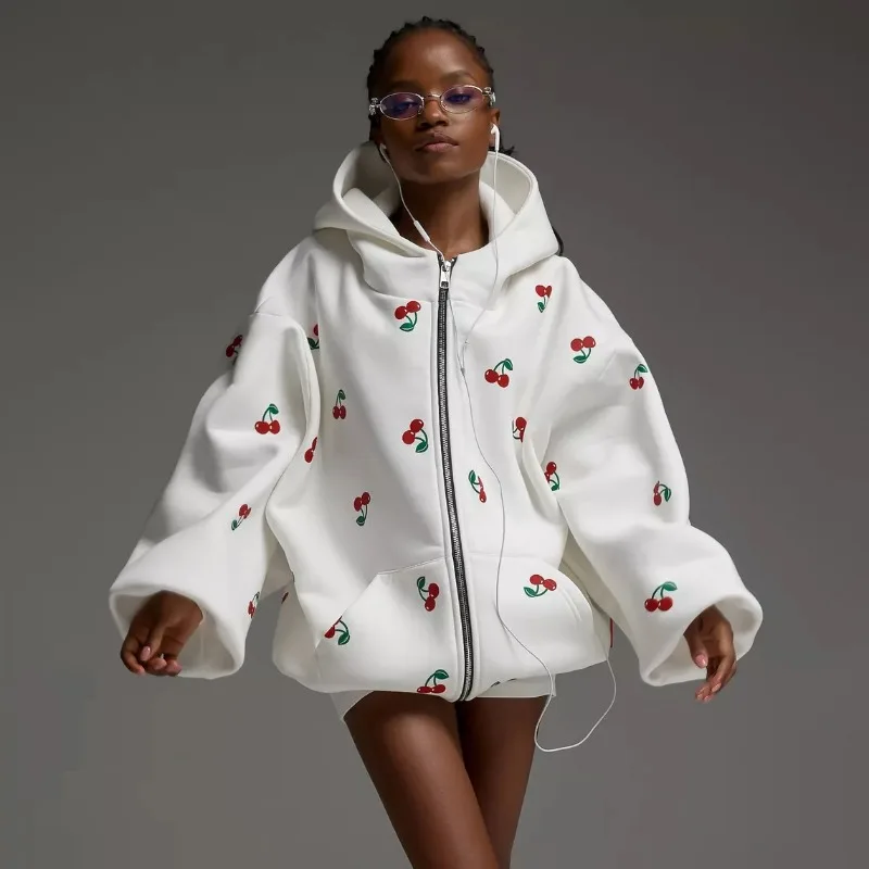 

Cherry Print Hoodie Coat Autumn Women's European American Street Style Fashion Trend Brand Loose Versatile Sports Hoodie Women