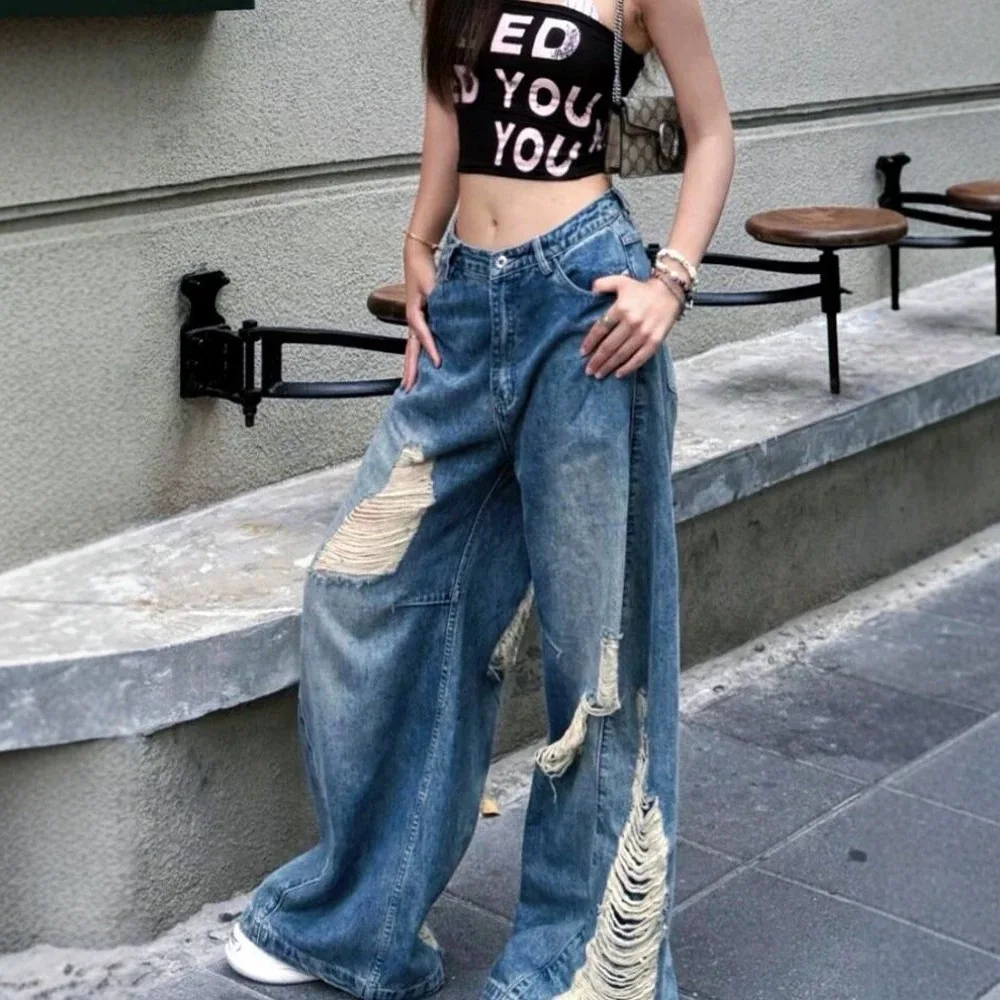 American Vintage High Waisted Ripped Jeans for Women Summer High Street Designed Loose Slim Draped Wide Leg Floor Length Pants