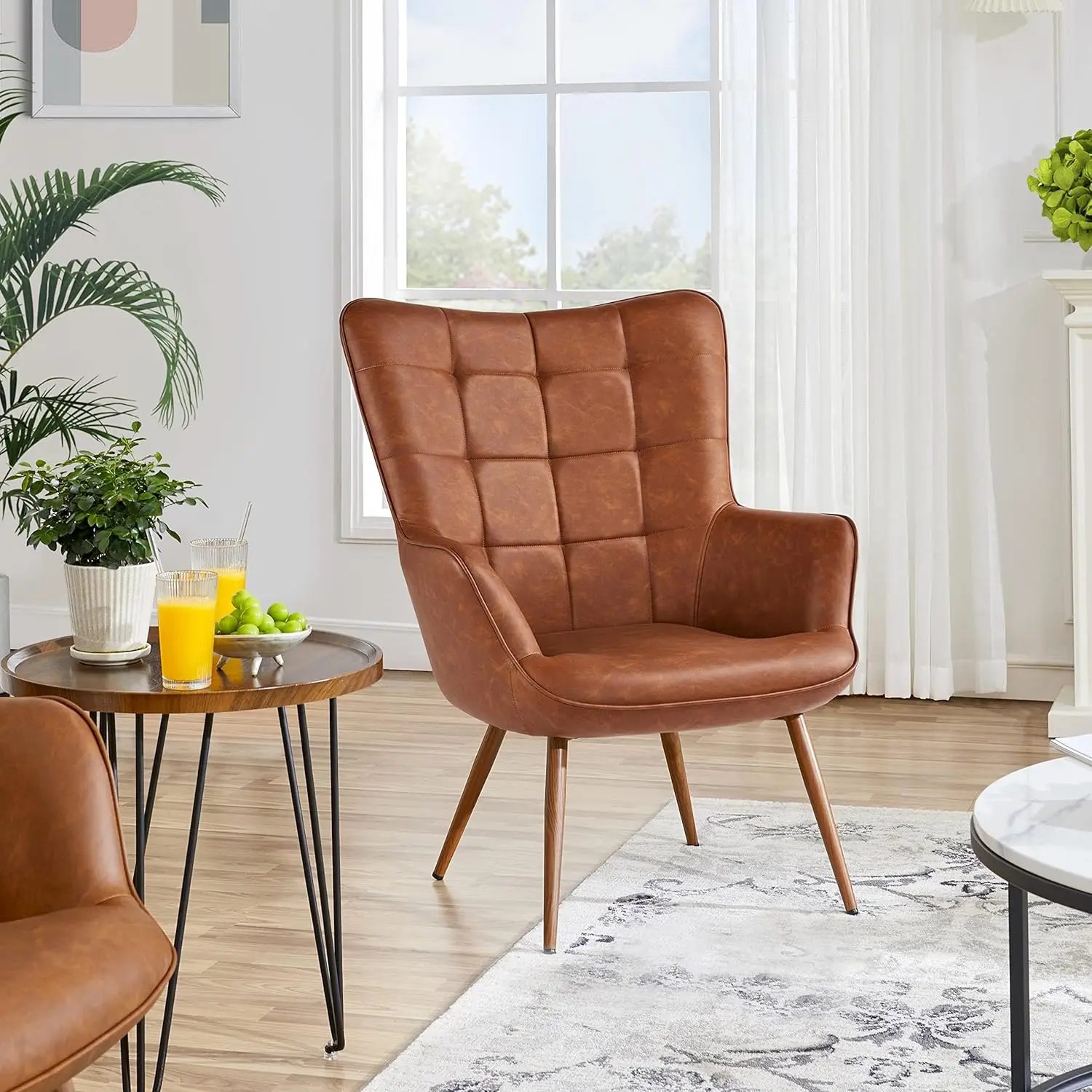 Yaheetech PU Leather Armchair, Modern Accent Chair High Back, Vintage MidCentury Sofa Chairs with Oversized Padded