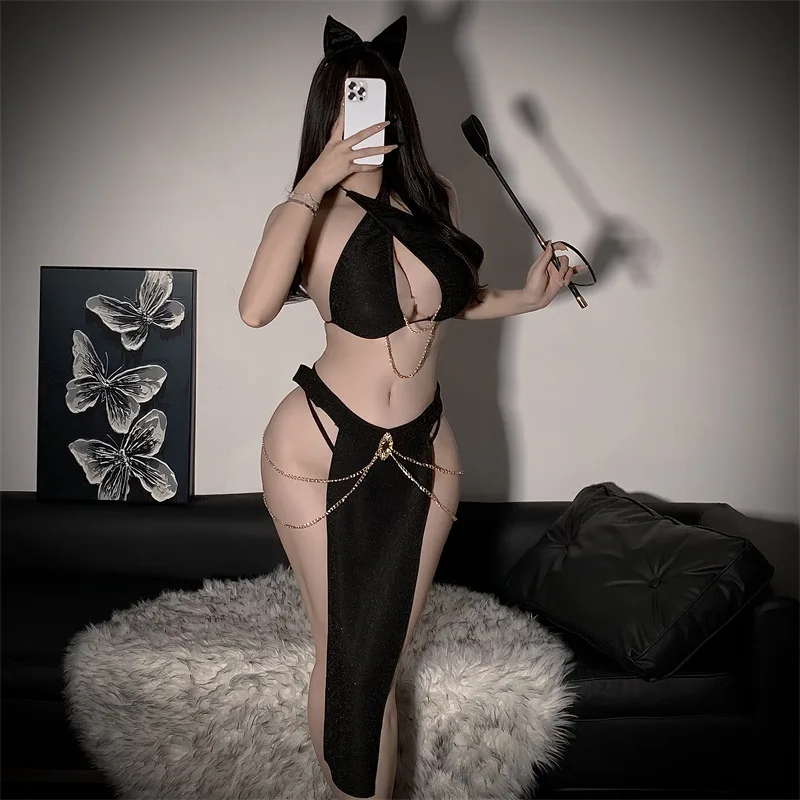 Sexy Cat Girl Lingerie Dress Women Cleopatra of Egypt Cosplay High Split Erotic Chain Clubwear Hollow Halter Nightgowns 2024 New