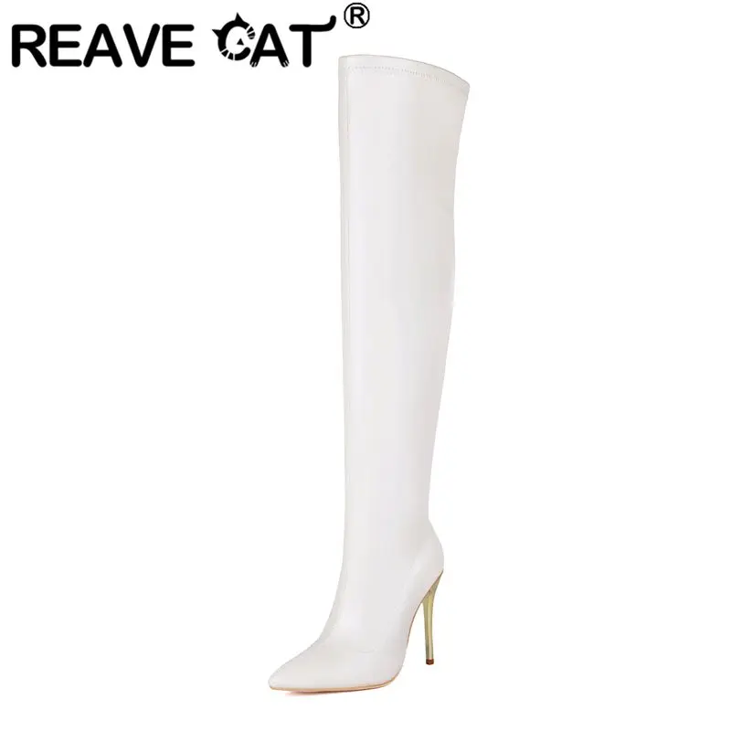 

REAVE CAT Fashion Women Thigh Boots Pointed Toe 11cm Stiletto Zipper Party Winter Long Booties Black On Sale Big Sizes 45-47