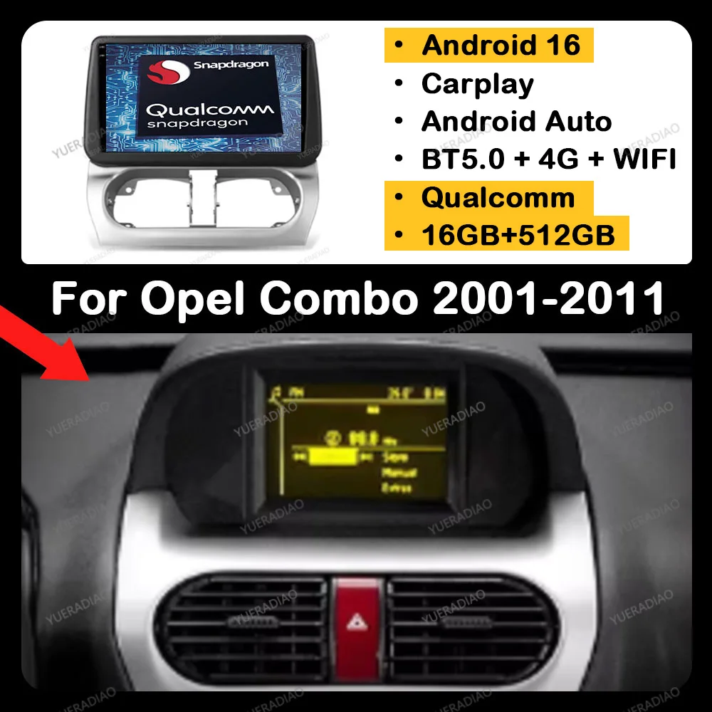 Android 16 Autoradio für Opel Combo Corsa Tigra 2001 - 2009 2010 2011 GPS NAVI 4G WIFI Head Unit Qualcomm QLED 2DIN BT LTE 5G
