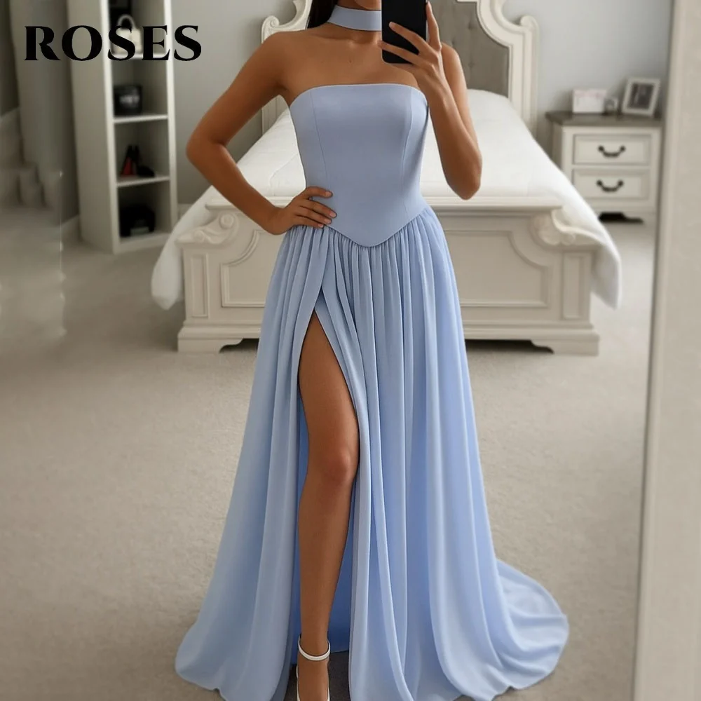 

ROSES Sky Blue Evening Dress Strapless Prom Dress A-Line Pleat Embellishments Split Formal Gown robe de bal for Woman Customized