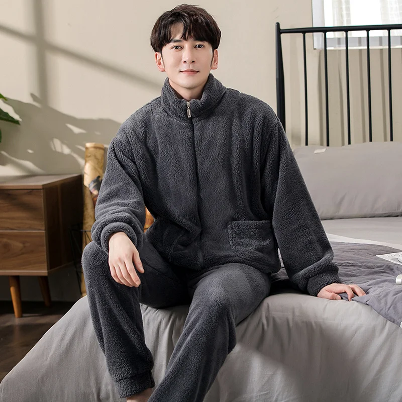 With Zipper Men's Autumn And Winter Thick Flannel Pajamas Sets Long Sleeve Fashion Style Solid Warm Sleepwear Big Yards Pijamas