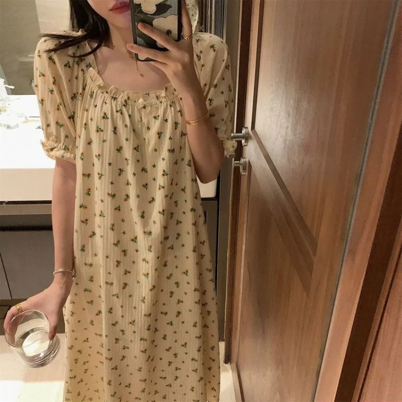 Floral Nightgown Sleepwear Women Korean Ruffles Summer One Piece Pajamas Dress Short Sleeve Night Sleeping Home Wear 2024 New