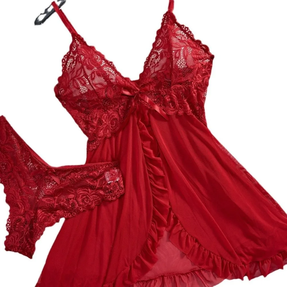 أزياء من الدانتل تقليم جنسي الملابس الداخلية الخامس الرقبة تصميم بلون الدانتيل باس النوم لينة النسيج البسيطة طول فستان شفاف ملابس خاصة #5