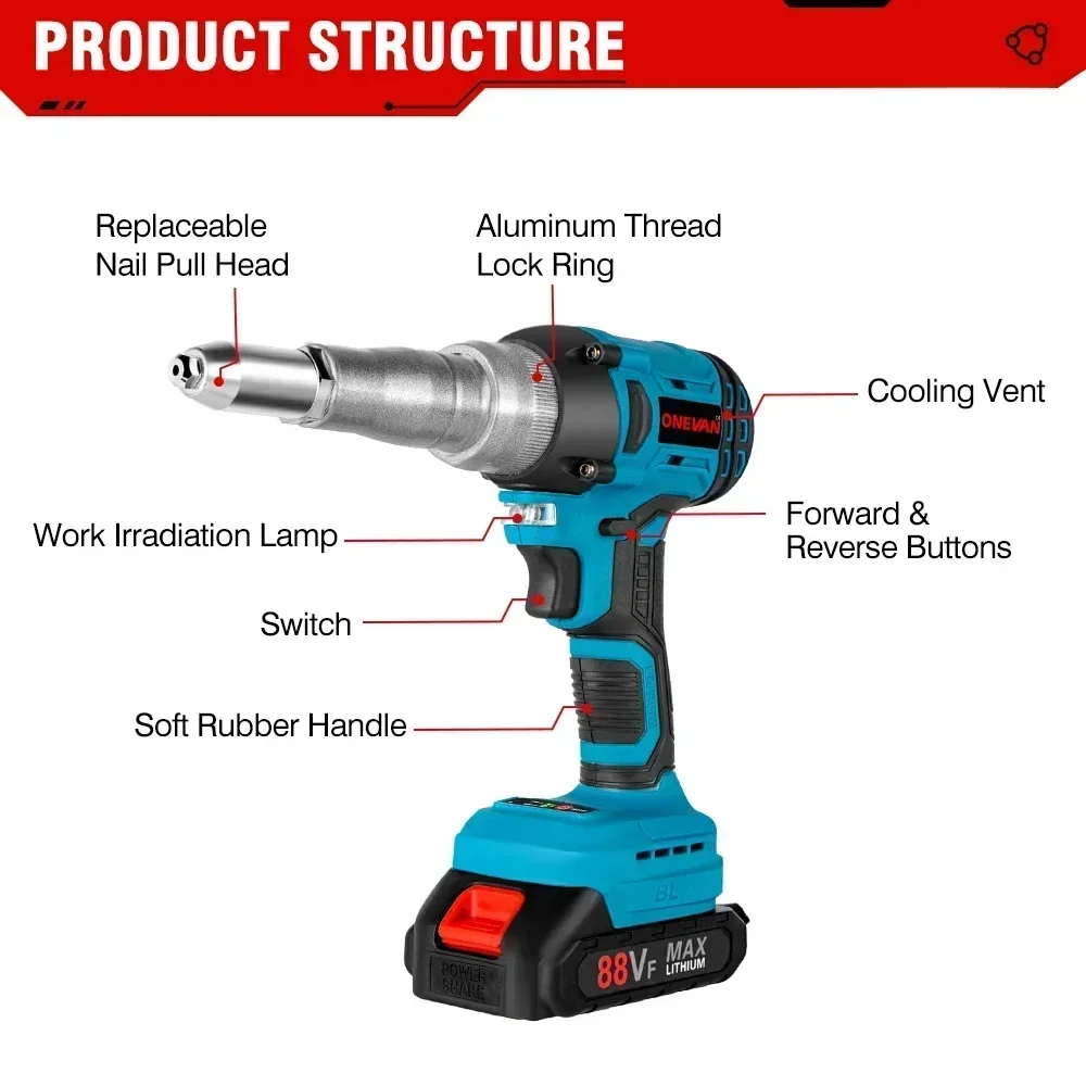 ONEVAN 20000N Brushless Electric Rivet Gun 2.4-5.0mm Cordless Rivet Nut Gun Drill Insert Riveting Tool For Makita 18V Battery