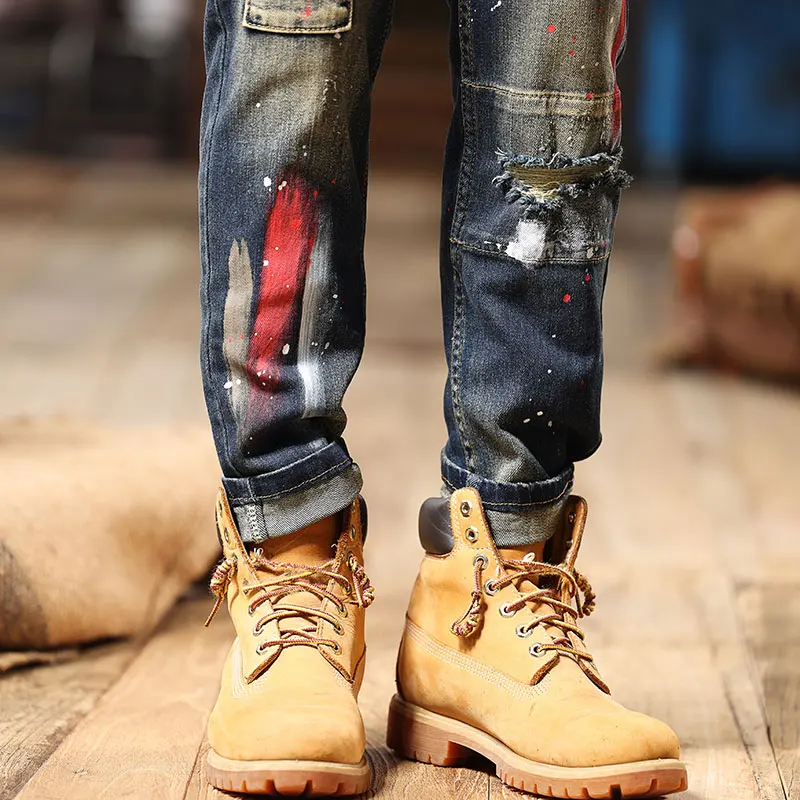 2024 New Motorcycle Men's Jeans Splash Paint Printing Design Street Style Slim Fit Patchwork Skinny Trousers