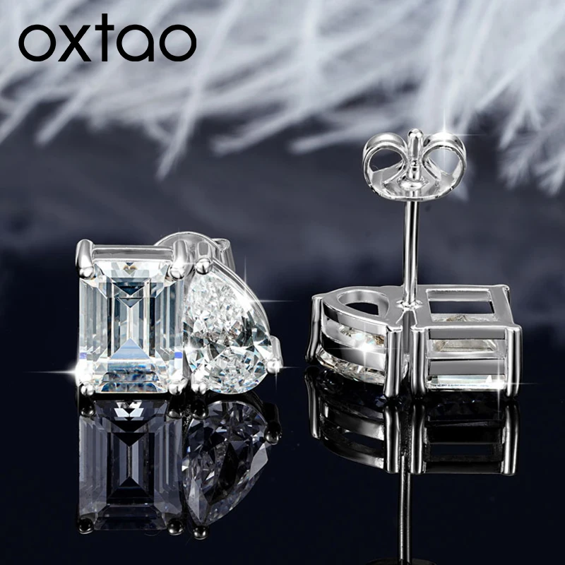 Image of OXTAO Ohrstecker mit zwei Steinen aus kubischem Zirkonia, Smaragd- und Birnenform, für Damen, Statement-Ohrringe, Hochzeit, Party, Schmuck, 14 Karat Gold gefüllt