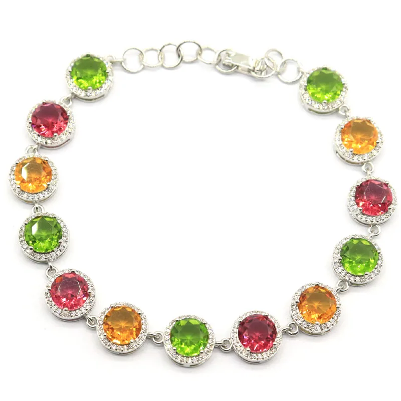 

11x11mm Multi Color Peridot Citrine Rhodolite Garnet Tanzanite White CZ Ladies Silver Bracelet 8.75-7.0"