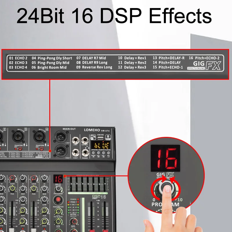 Imagem -05 - Channel Mono Audio Mixers Band eq 16 Dsp Effect Bluetooth Mixing Console 48v Usb Record Sound Table Karaoke Am-ut4 Lomeho4