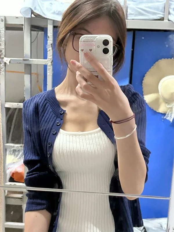 

Loose Short Korean Style Knitted Cardigan Pure Desire Dark Blue Open Front Warm Fashion Outerwear for Women Autumn New Arrival