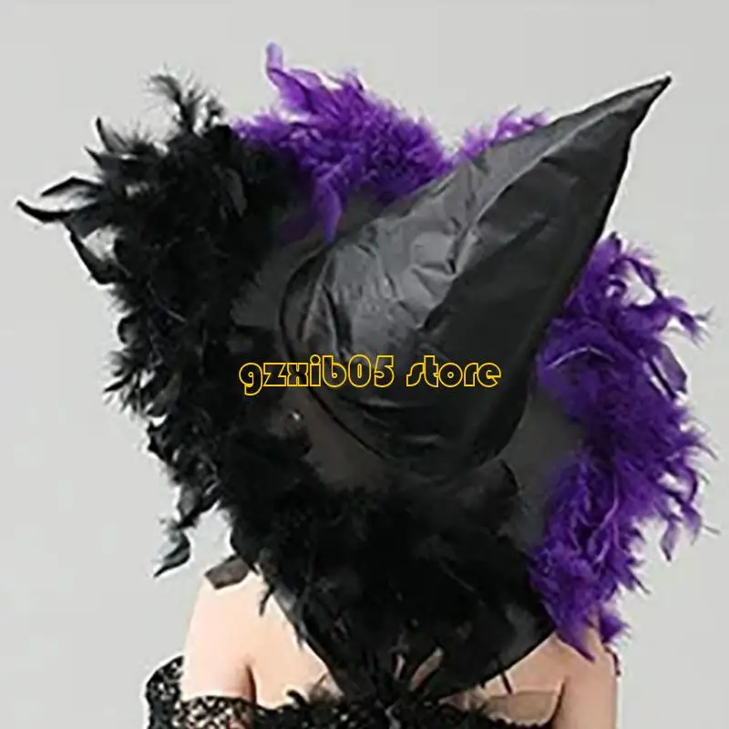 C9GE Chapéu bruxas Halloween com acabamento penas feminino assistente cosplays festa menina