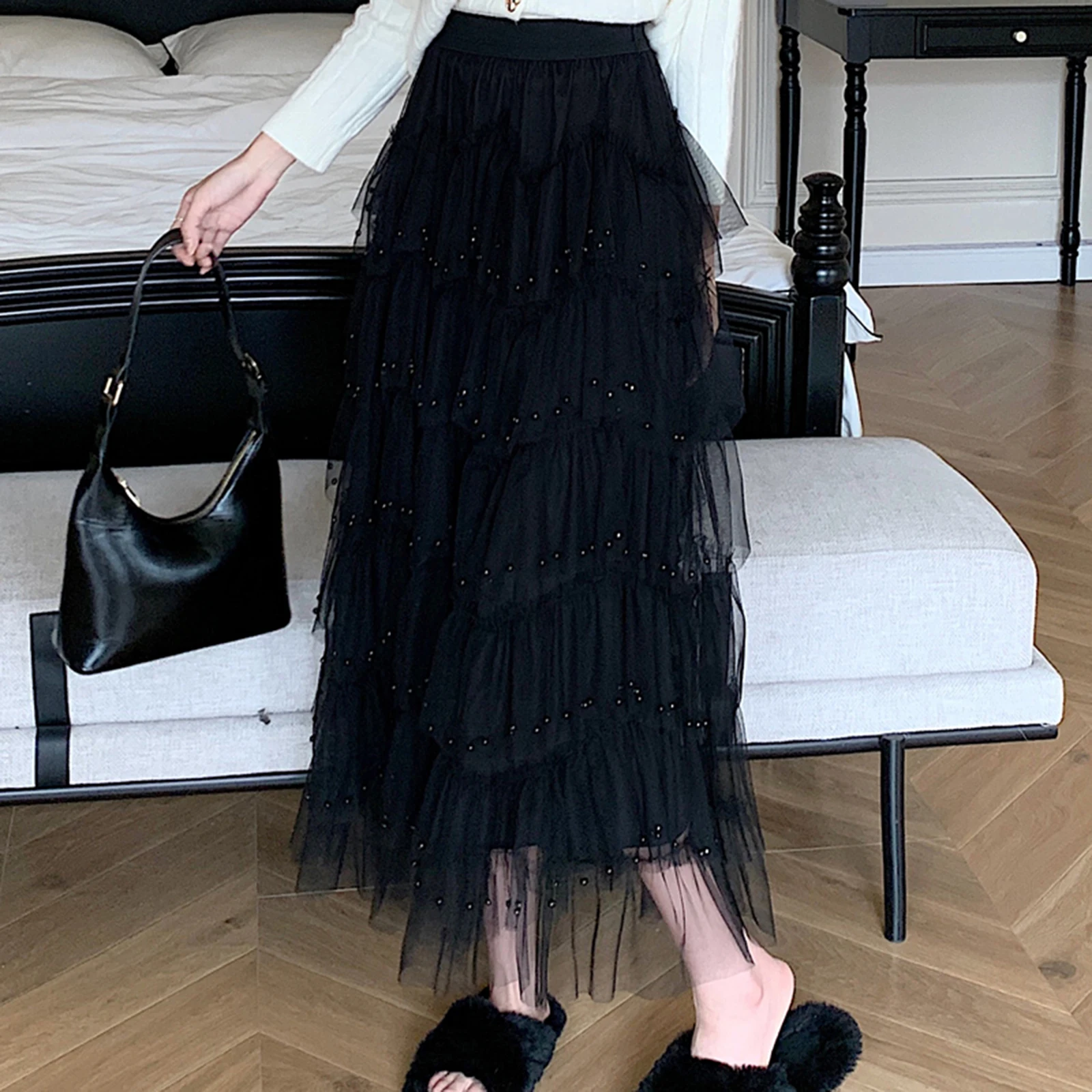 Damen Midi Röcke Perlen elastische Röcke mit hoher Taille Frühling Sommer lose lässige Tüll Tutu Röcke