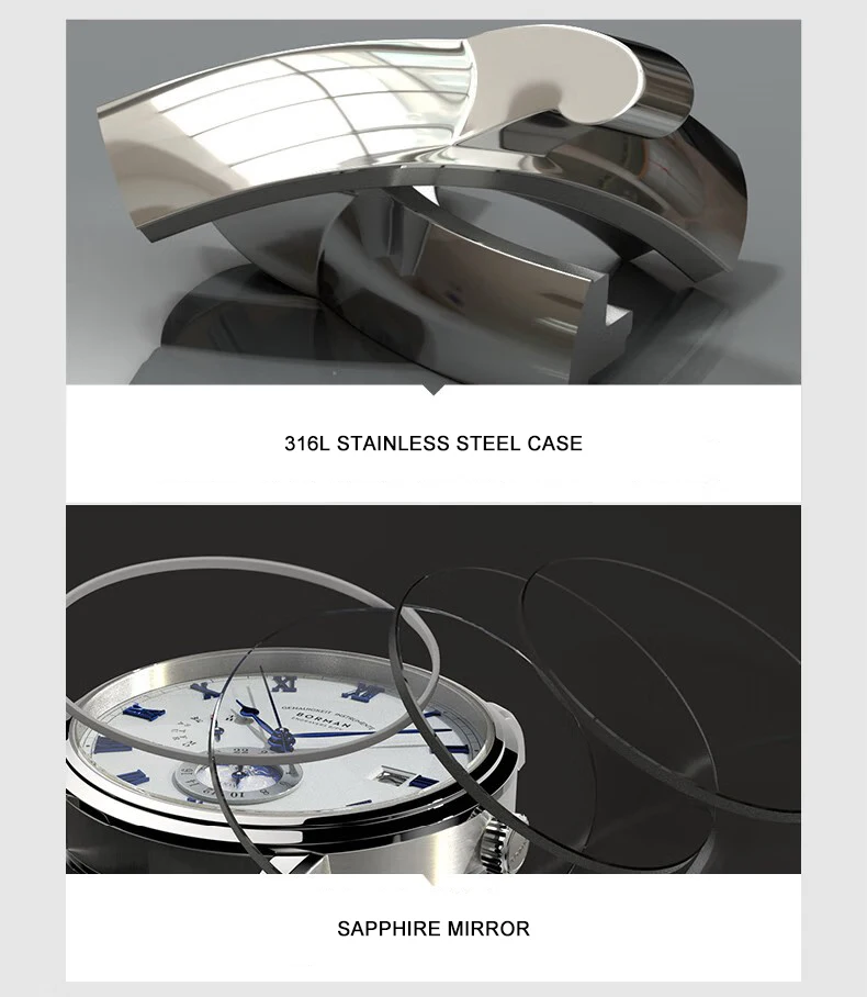 ساعة بورمان أوتوماتيكية للرجال 42 ملم ساعة يد ميكانيكية 5 بار مقاومة للماء ياقوت مضيئة تاريخ الأسبوع 24 ساعة