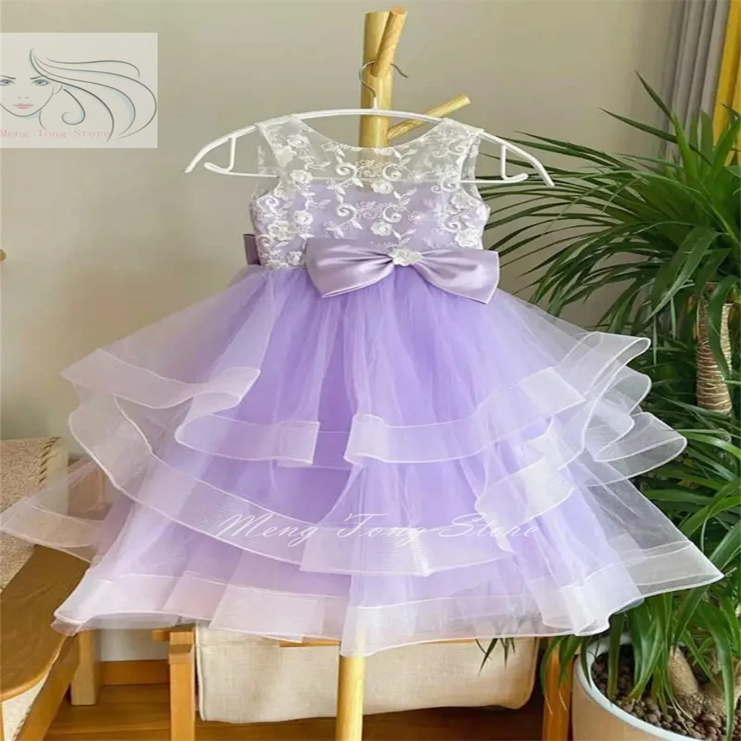 Flower Girl Dresses Purple Tulle Tiered White Flory Pattern With Bow Sleeveless For Wedding Birthday Party First Communion Gown