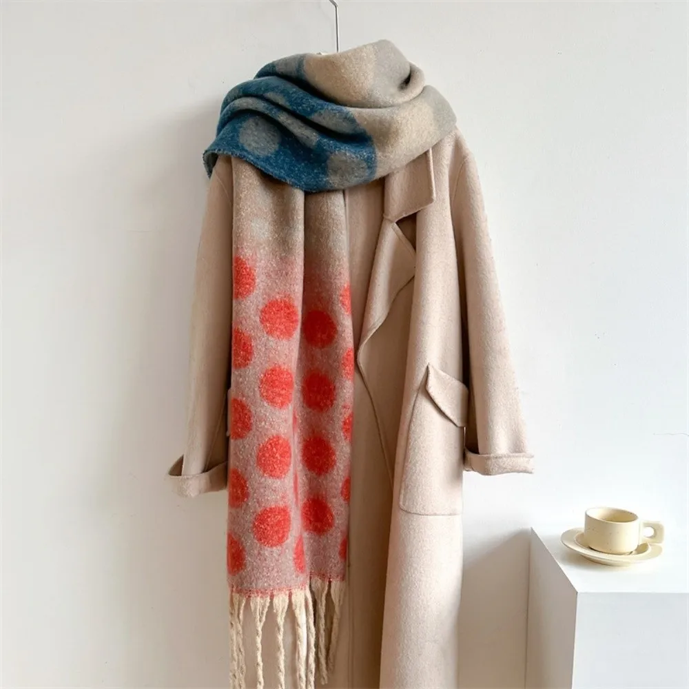 Fashion Accessory Soft Faux Cashmere Scarf Warm Fabric Long Tassels Neck Wrap Retro Style Thick Polka Dot Pattern Shawl Casual